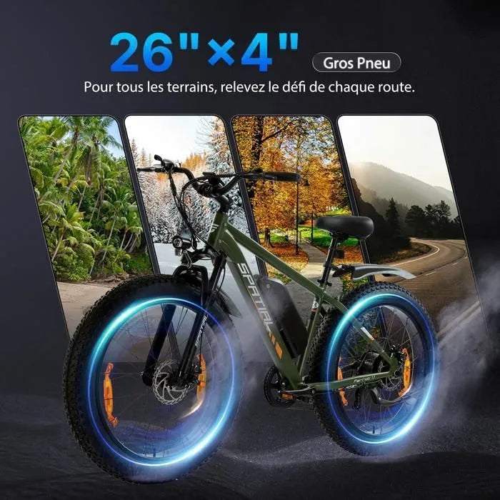 SPATIAL Elektrofahrrad 26" × 4 – Grün – 1000-W-Motor – 48-V-13-Ah-Batterie – Shimano 7-Gang – E-MTB / City-E-Bike
